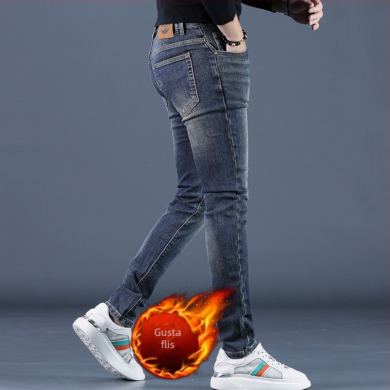 Muške traperice s fleec podstavom, slim-fit kroj, uski kroj, srednji pojas, mikroelastičnost