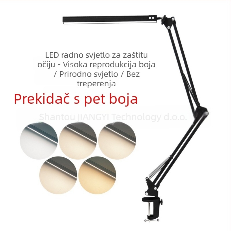 Stolna lampa za zaštitu očiju s dugim prilagodljivim ramenom i klipom za manikuru, USB napajanje, metalna sjenila, trobojna temperatura boje, LED 80×0.2W