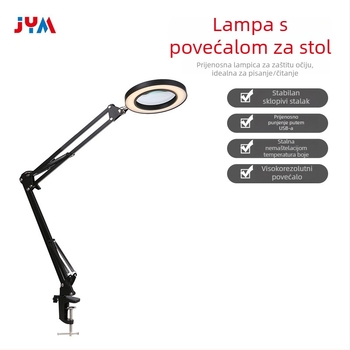 Sklopiva stolna lampa s povećalom i LED zaštitom očiju, USB napajanje, 12W, CRI ≥ 90, aluminijsko sjenilo
