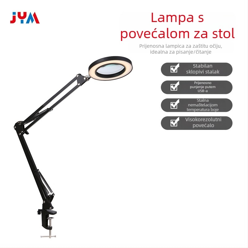 Sklopiva stolna lampa s povećalom i LED zaštitom očiju, USB napajanje, 12W, CRI ≥ 90, aluminijsko sjenilo