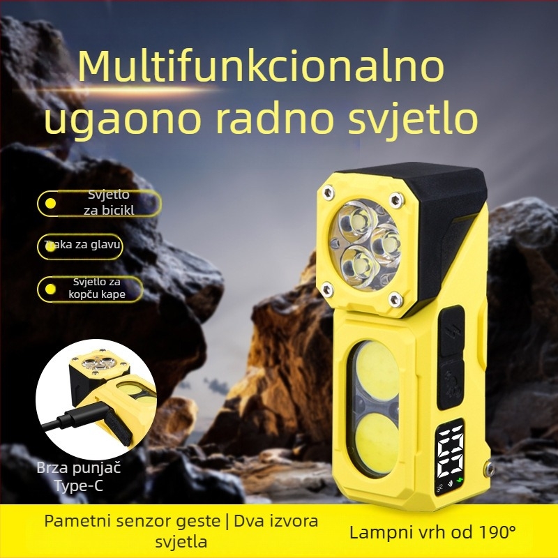Čelna lampa s magnetskim držačem i višenamjenskim radnim svjetlom, 5W, 700 mAh baterija s mogućnošću ponovnog punjenja, domet 100–200 m