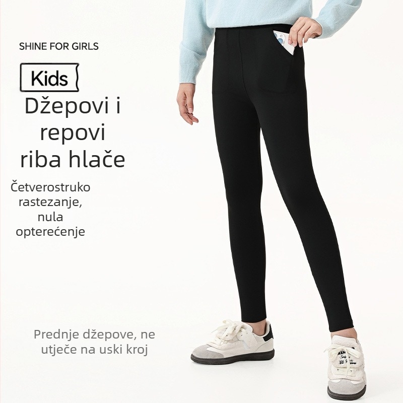 Dječje tajice s džepom, visokim strukom, kapri dužina, materijal najlon 83%, za djecu preko 8 godina