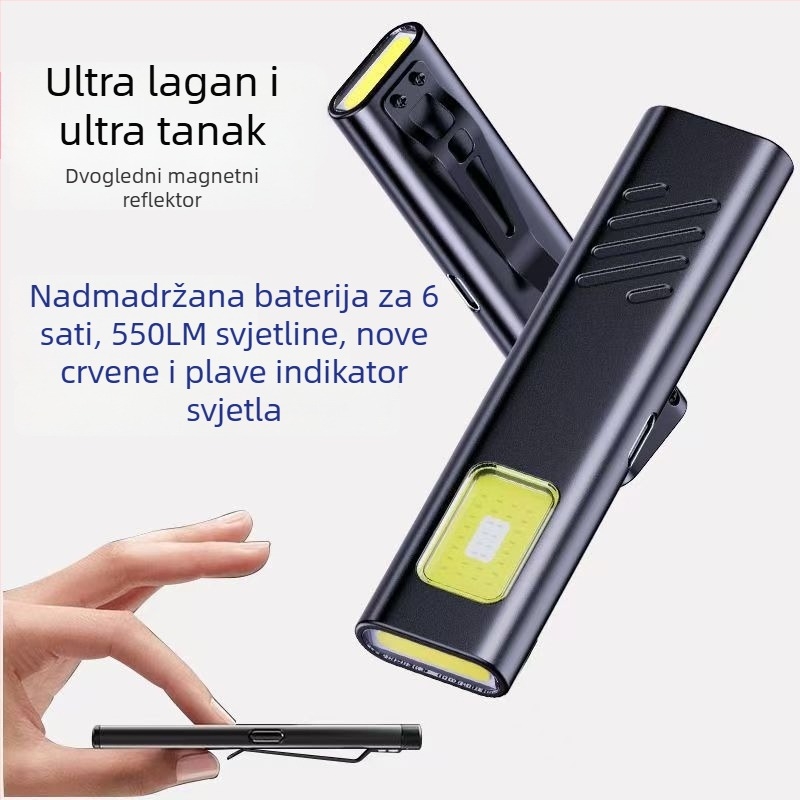 Magnetno COB LED radno svjetlo s klipom za pero - ultra-tanki prijenosno - ručni pogon - baterija 1000 mAh - 100-240 lm