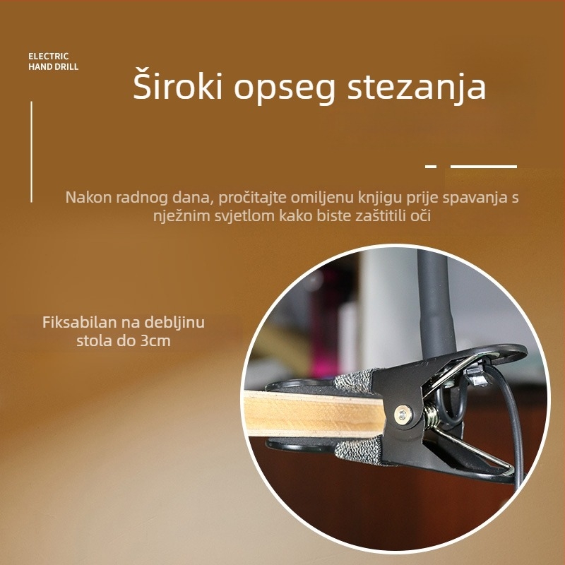 LED stolna clip lampica – osvjetljenje za čitanje, učenje i noćnu upotrebu uz zaštitu očiju (CRI ≥90; USB napajanje; 5V; dodirni prekidač; metalno sjenilo)