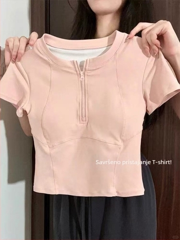 Ženski slim-fit pamučni pleteni T‑shirt, kratkih rukava, okrugli ovratnik, kratka duljina, 90–95% pamuka, poliester <30%, jednostavan jednobojan casual