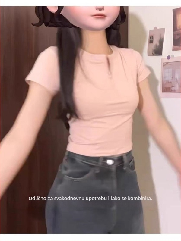 Ženski slim-fit pamučni pleteni T‑shirt, kratkih rukava, okrugli ovratnik, kratka duljina, 90–95% pamuka, poliester <30%, jednostavan jednobojan casual