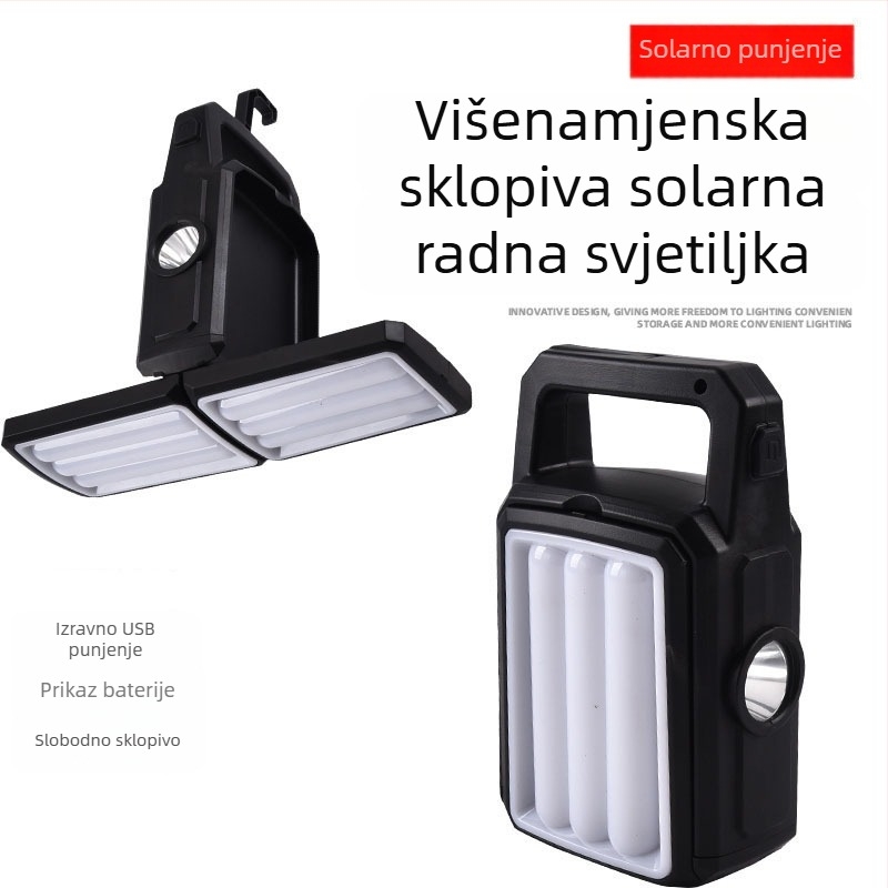 Solarno kamping LED radna lampica, punjiva, 5W, 1200mAh baterija, solarno napajanje, prenosno osvjetljenje za šator