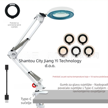 Stolna sklopiva lupa-lampa za zaštitu očiju i njegu noktiju - USB napajanje, metalna sjenilica, CRI 80–89, ≤36 V