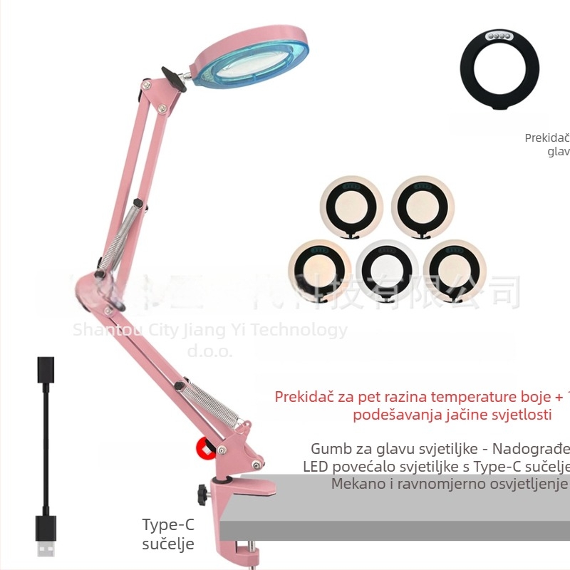 Stolna sklopiva lupa-lampa za zaštitu očiju i njegu noktiju - USB napajanje, metalna sjenilica, CRI 80–89, ≤36 V