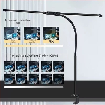 LED stolna lampa s fleksibilnim vratom i dvostrukom glavom – za učenje i čitanje, USB napajanje, metalno sjenilo, gumbasti prekidač, zaštita očiju