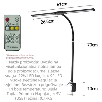 LED stolna lampa s fleksibilnim vratom i dvostrukom glavom – za učenje i čitanje, USB napajanje, metalno sjenilo, gumbasti prekidač, zaštita očiju