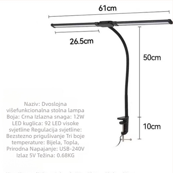 LED stolna lampa s fleksibilnim vratom i dvostrukom glavom – za učenje i čitanje, USB napajanje, metalno sjenilo, gumbasti prekidač, zaštita očiju