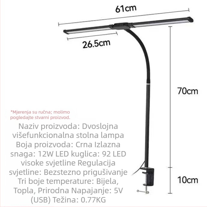 LED stolna lampa s fleksibilnim vratom i dvostrukom glavom – za učenje i čitanje, USB napajanje, metalno sjenilo, gumbasti prekidač, zaštita očiju
