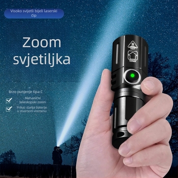 LED ručna svjetiljka s mini zumom — tijelo od aluminijske legure, 15W, baterije 18350/16340, domet 200–500 m.
