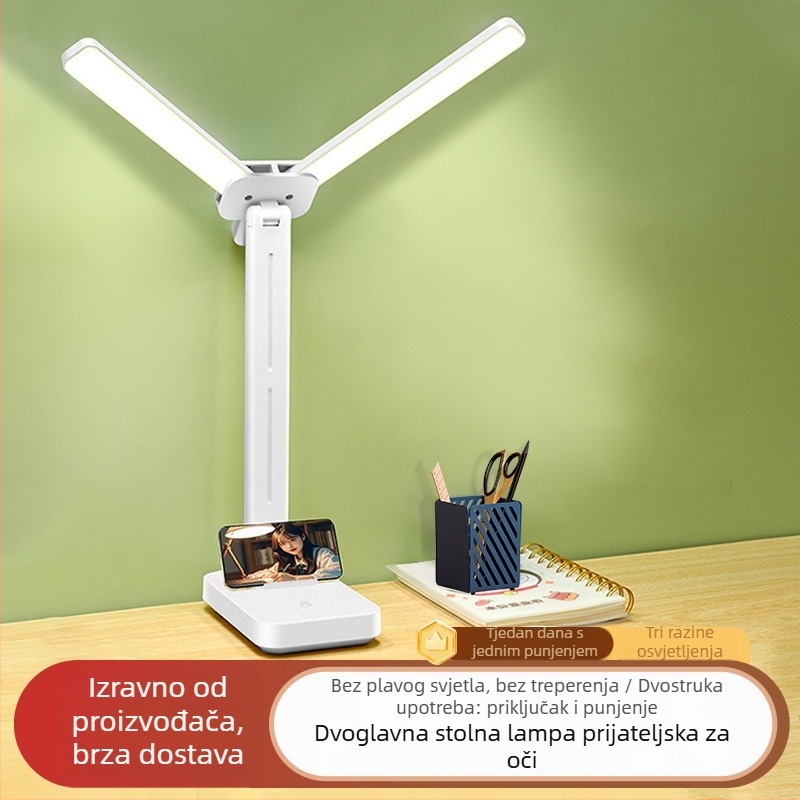 Dvostruka sklopiva LED stolna lampa za učenike i djecu, s dodirnim upravljanjem, punjiva, zaštita vida, svjetlo za učenje