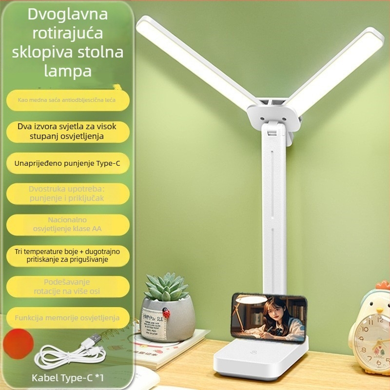 Dvostruka sklopiva LED stolna lampa za učenike i djecu, s dodirnim upravljanjem, punjiva, zaštita vida, svjetlo za učenje