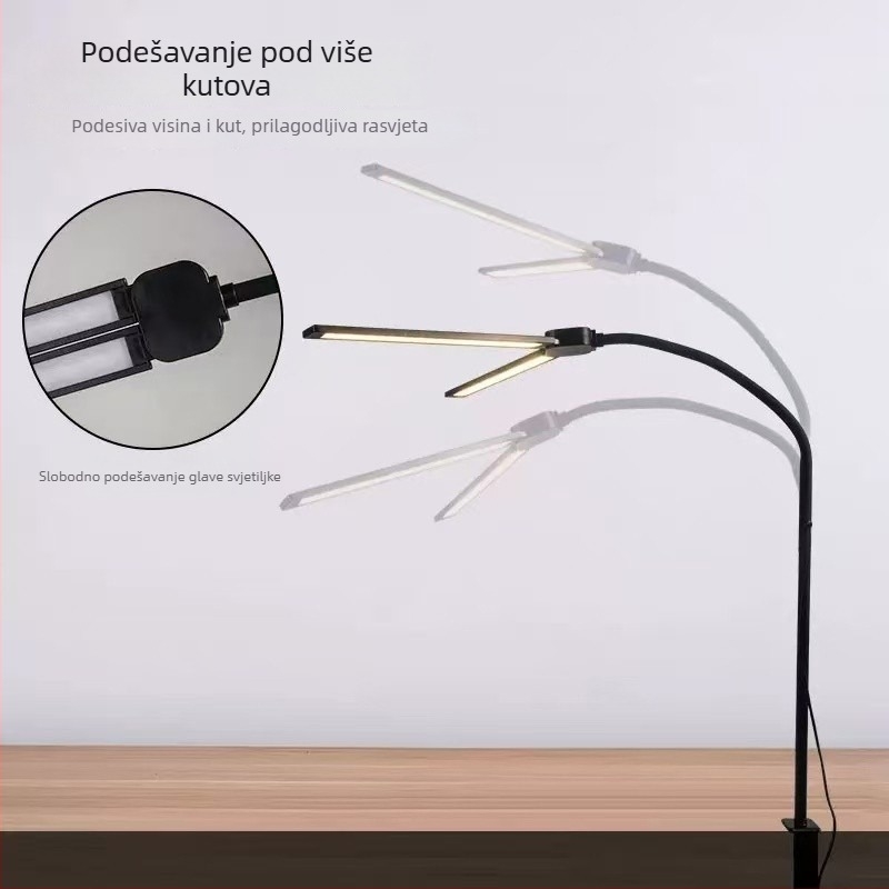 LED stolna lampa za učenje s klipom, dvostruka glava, USB napajanje, dodirni prekidač, metalno sjenilo