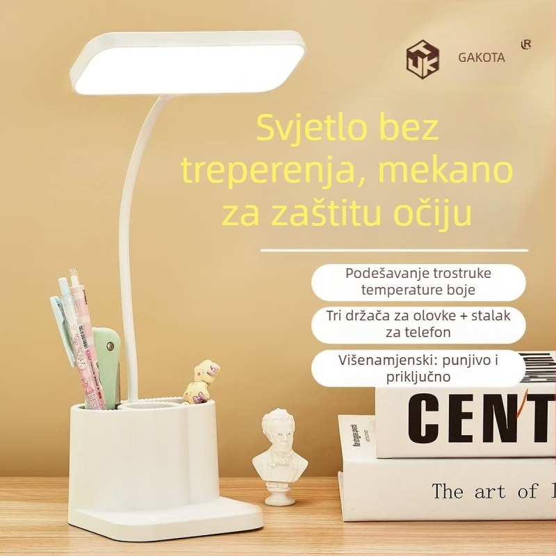 Stolna lampa za zaštitu očiju i držač za olovke, punjiva i na mrežni priključak, dodirni prekidač, CRI≥90, razina osvjetljenja AA, moderni minimalistički stil