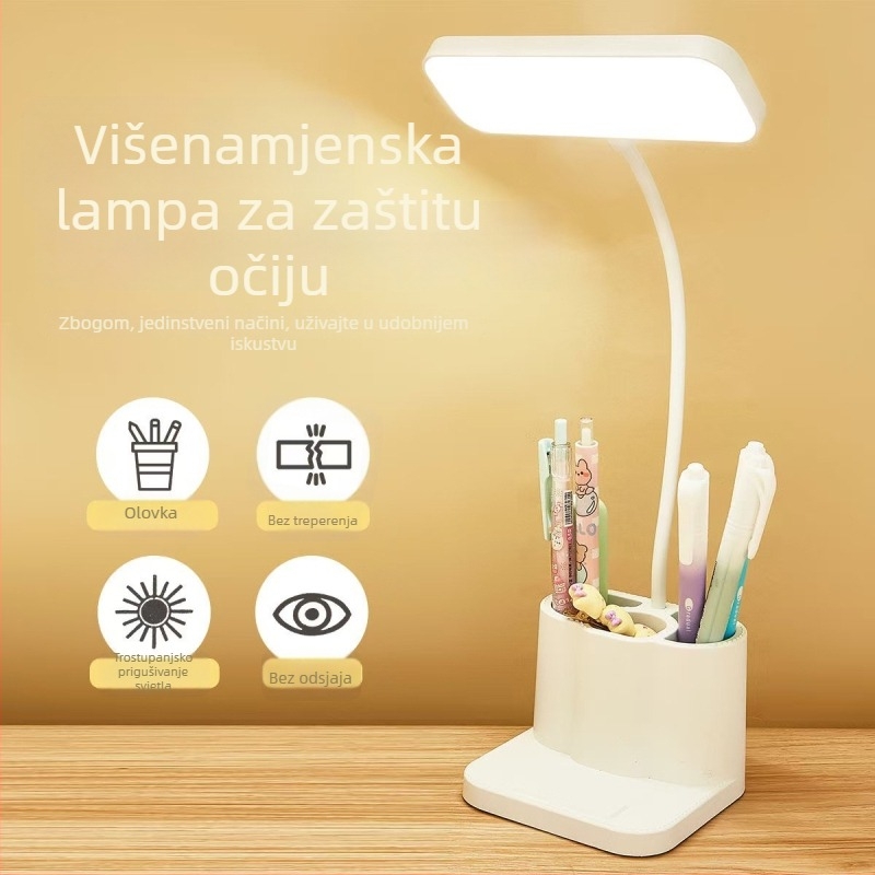 Stolna lampa za zaštitu očiju i držač za olovke, punjiva i na mrežni priključak, dodirni prekidač, CRI≥90, razina osvjetljenja AA, moderni minimalistički stil