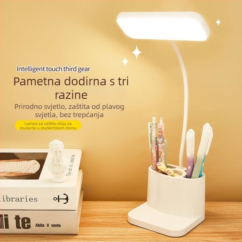 Stolna lampa za zaštitu očiju i držač za olovke, punjiva i na mrežni priključak, dodirni prekidač, CRI≥90, razina osvjetljenja AA, moderni minimalistički stil