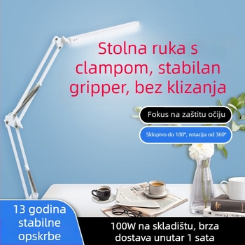 LED stolna lampa s klipsom za zaštitu očiju, dugi sklopivi rameni, za domski smještaj pored kreveta, za čitanje i učenje — CRI 80–89; AA razina osvjetljenja; plastično sjenilo; prekidač na gumbu; napajanje iz utičnice.