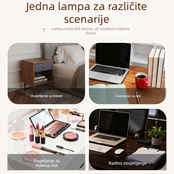 LED stolna lampa s klipsom za zaštitu očiju, dugi sklopivi rameni, za domski smještaj pored kreveta, za čitanje i učenje — CRI 80–89; AA razina osvjetljenja; plastično sjenilo; prekidač na gumbu; napajanje iz utičnice.