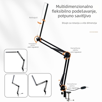 LED stolna lampa s klipsom za zaštitu očiju, dugi sklopivi rameni, za domski smještaj pored kreveta, za čitanje i učenje — CRI 80–89; AA razina osvjetljenja; plastično sjenilo; prekidač na gumbu; napajanje iz utičnice.