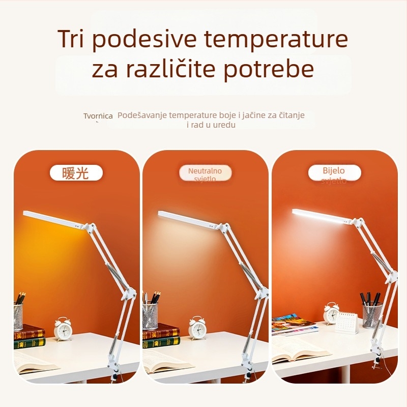 LED stolna lampa s klipsom za zaštitu očiju, dugi sklopivi rameni, za domski smještaj pored kreveta, za čitanje i učenje — CRI 80–89; AA razina osvjetljenja; plastično sjenilo; prekidač na gumbu; napajanje iz utičnice.