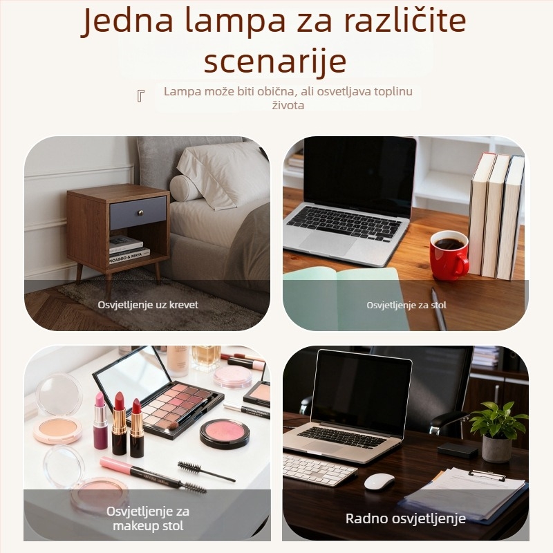 LED stolna lampa s klipsom za zaštitu očiju, dugi sklopivi rameni, za domski smještaj pored kreveta, za čitanje i učenje — CRI 80–89; AA razina osvjetljenja; plastično sjenilo; prekidač na gumbu; napajanje iz utičnice.