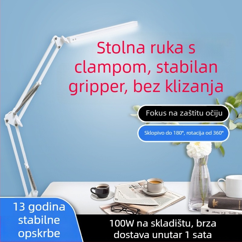 LED stolna lampa s klipsom za zaštitu očiju, dugi sklopivi rameni, za domski smještaj pored kreveta, za čitanje i učenje — CRI 80–89; AA razina osvjetljenja; plastično sjenilo; prekidač na gumbu; napajanje iz utičnice.