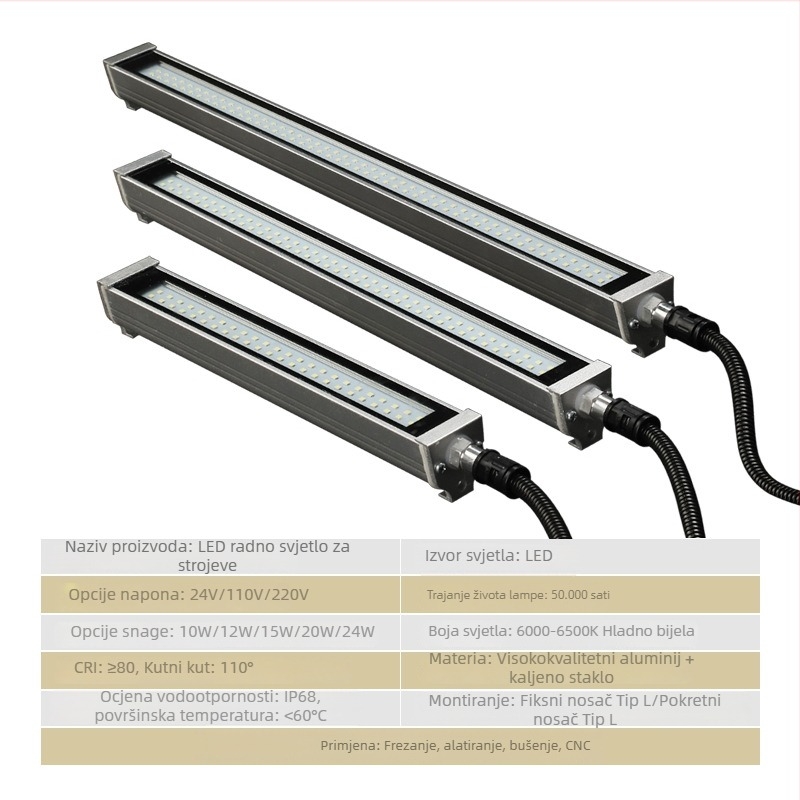 LED prilagodljiva radna svjetiljka za CNC strojeve, vijcima za montažu, explosion-proof, napon 12–220 V, snaga 10–30 W, vodootporna.