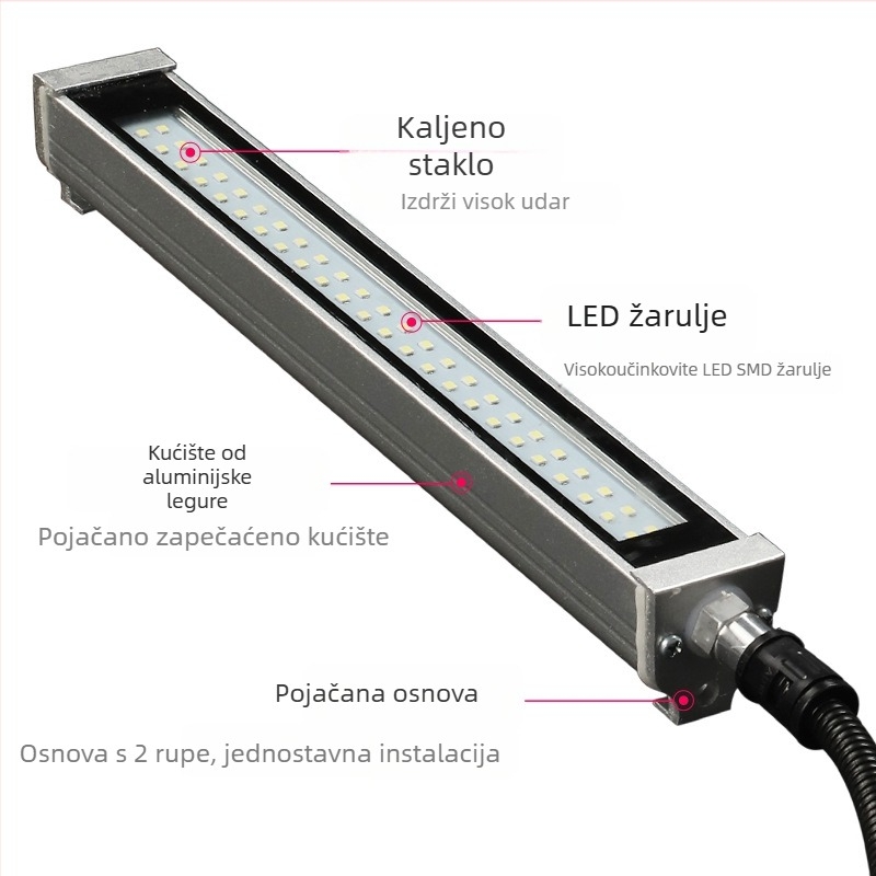 LED prilagodljiva radna svjetiljka za CNC strojeve, vijcima za montažu, explosion-proof, napon 12–220 V, snaga 10–30 W, vodootporna.