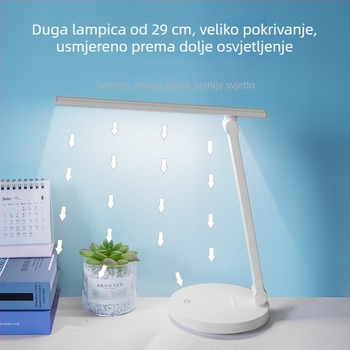 LED stolna lampa za studente: sklopni dugi krak, s ugrađenom litijskom baterijom i mogućnošću napajanja iz mreže, dodirni prekidač, noćna lampica i lampica za učenje