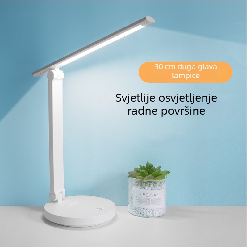 LED stolna lampa za studente: sklopni dugi krak, s ugrađenom litijskom baterijom i mogućnošću napajanja iz mreže, dodirni prekidač, noćna lampica i lampica za učenje