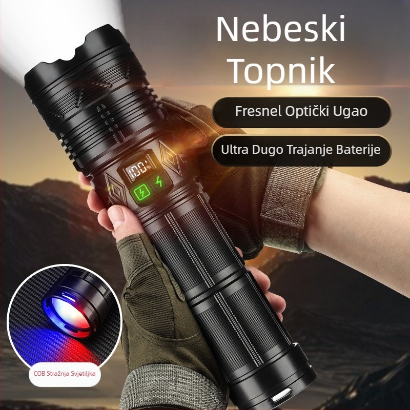 Ručna pogonska COB LED svjetiljka, 6000mAh, domet 500 m+, 360° okret, optični zum, zaštita od prepunjenja