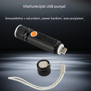 LED ručna baterijska svjetiljka sa USB punjenjem, 2400mAh, ručno pokretanje, domet 200–500 m, višenamjenska s Power Bank