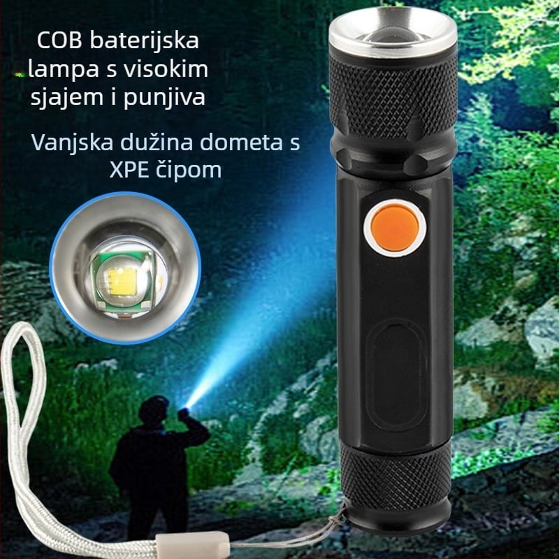 LED ručna baterijska svjetiljka sa USB punjenjem, 2400mAh, ručno pokretanje, domet 200–500 m, višenamjenska s Power Bank