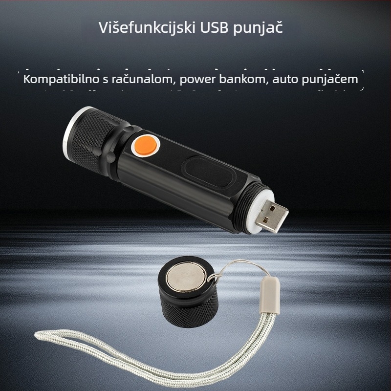 LED ručna baterijska svjetiljka sa USB punjenjem, 2400mAh, ručno pokretanje, domet 200–500 m, višenamjenska s Power Bank