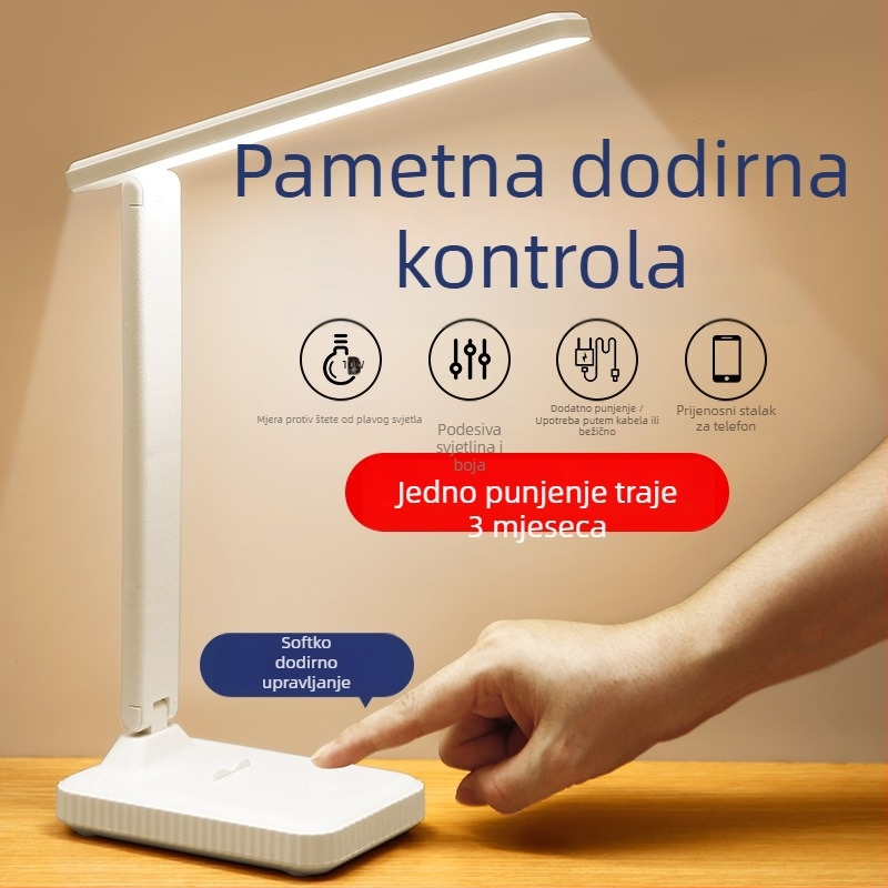 Sklopiva LED stolna lampica s ugrađenom baterijom i napajanjem, lampa za oči za učenje, dodirno upravljanje, 2–10W, CRI ≥90, Osvjetljenje: Nacionalna razina A