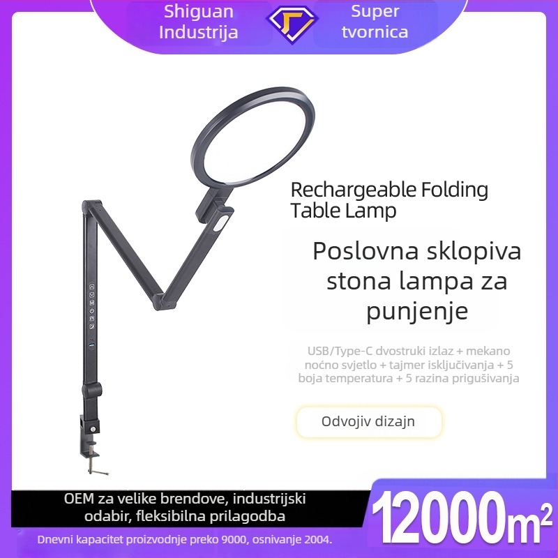 LED stolna lampica s klipsom i okruglom glavom, aluminijski spoj, sklopa, USB napajanje, dodirni prekidač