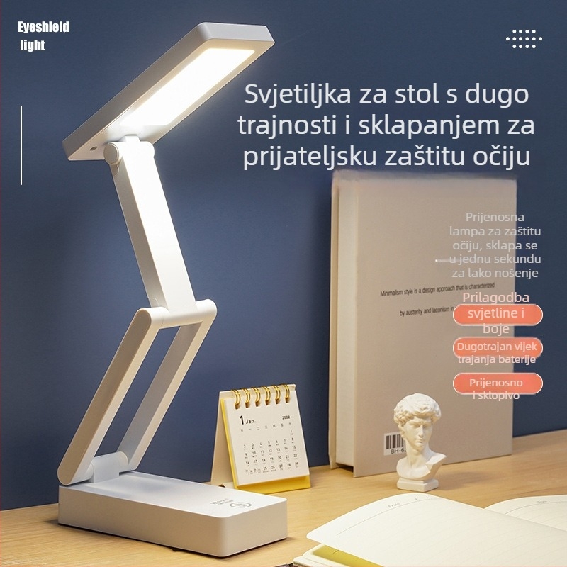 Prijenosna sklopiva LED stolna lampa s osvjetljenjem za zaštitu očiju, pogodna za učenje, pisanje i čitanje; 5W, CRI ≥95, dodirni upravljač, ugrađena baterija, napon ≤36V