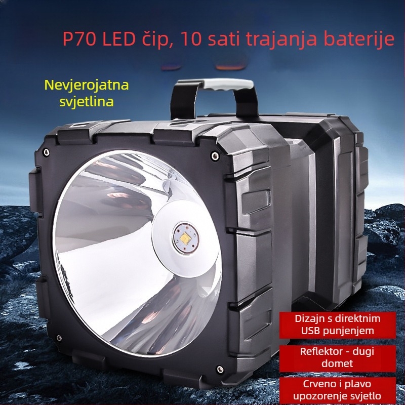 P70 dvostruko glavna multifunkcionalna LED baterija – punjiva, 5000mAh, 35W, ručno pokretanje, domet >500 m