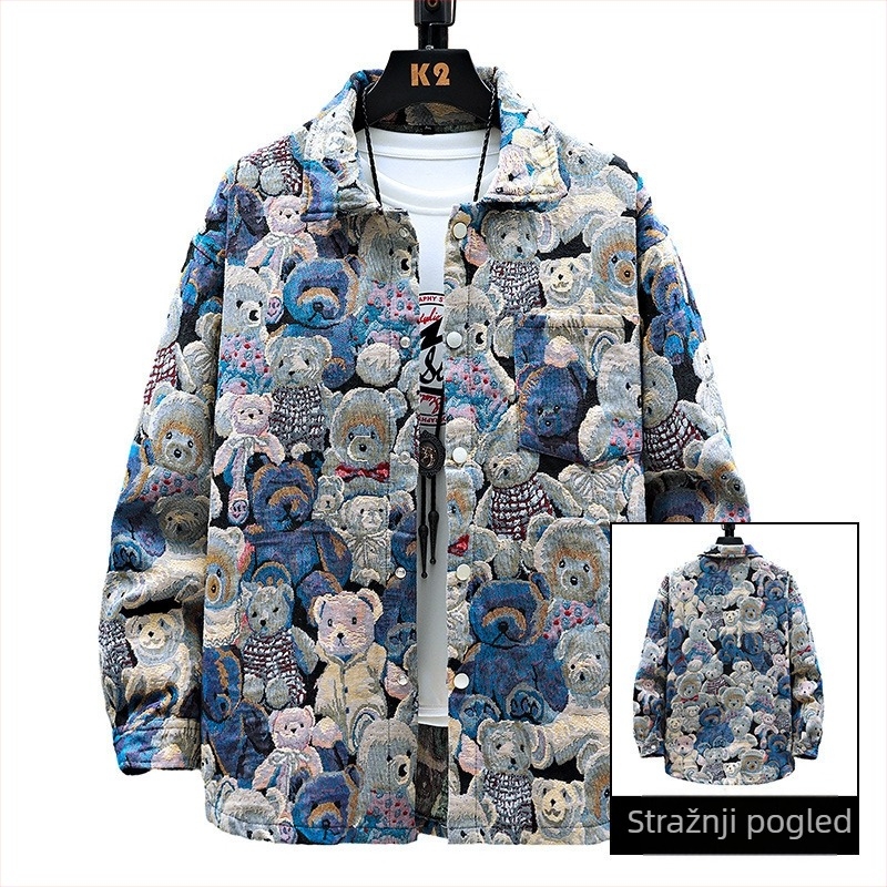 Muška denim jakna, stojeći ovratnik, labav kroj, jacquard uzorak, dugi rukav