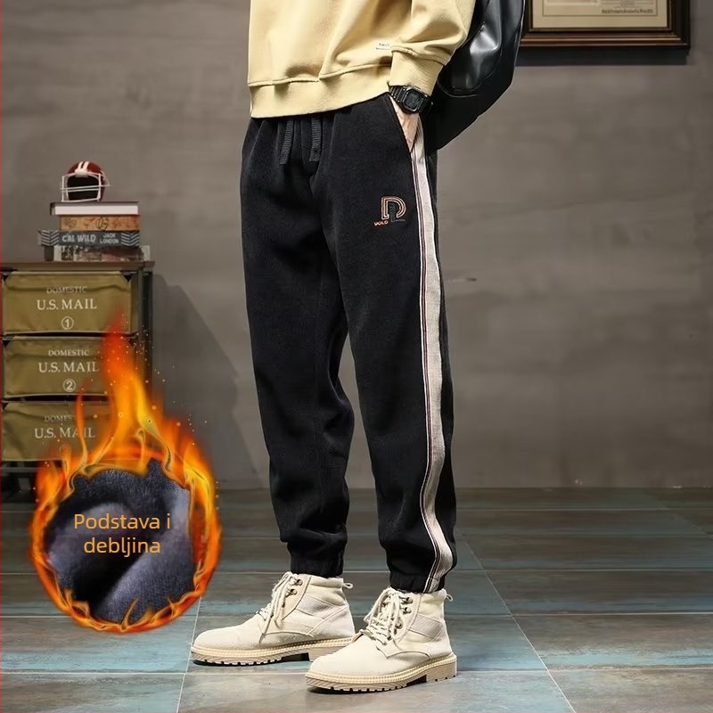 Muške corduroy jogger hlače s fleec podstavom, opuštenog kroja, srednji pojas, vezanje šnuralom, sportsko- svakodnevne