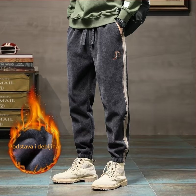 Muške corduroy jogger hlače s fleec podstavom, opuštenog kroja, srednji pojas, vezanje šnuralom, sportsko- svakodnevne