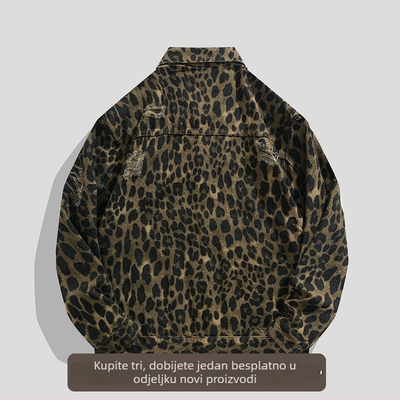 Džins jakna s leopard printom, kapuljačom, širokim krojem, rever ovratnik, jednoslojno kopčanje, bočni džepovi