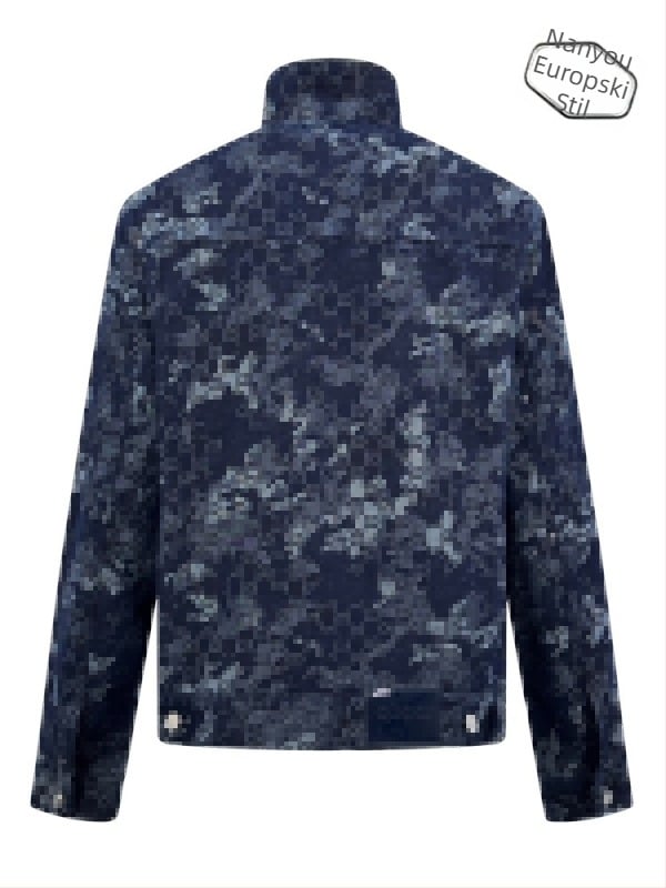 Denim jakna jacquard s all-over cvjetnim printom - unisex, stojeći ovratnik, zatvarač, normalna duljina, vodootporna i odvodi vlagu