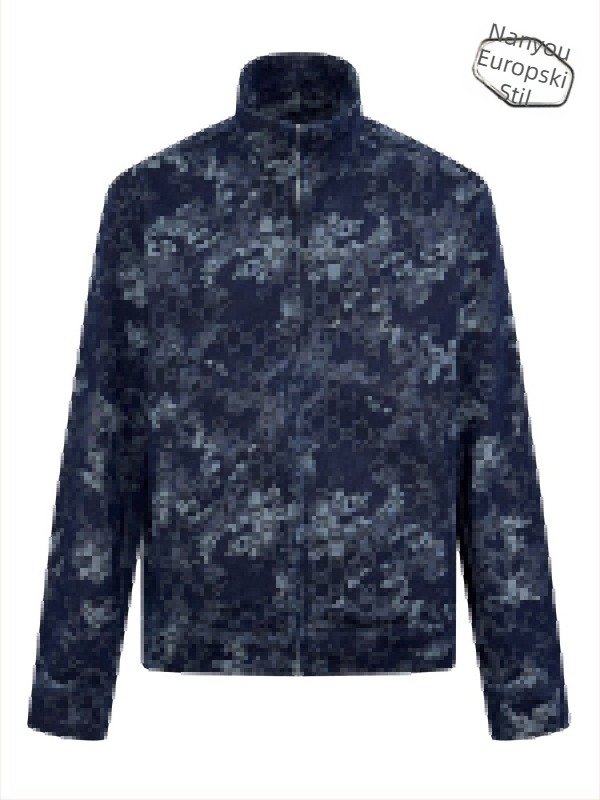 Denim jakna jacquard s all-over cvjetnim printom - unisex, stojeći ovratnik, zatvarač, normalna duljina, vodootporna i odvodi vlagu