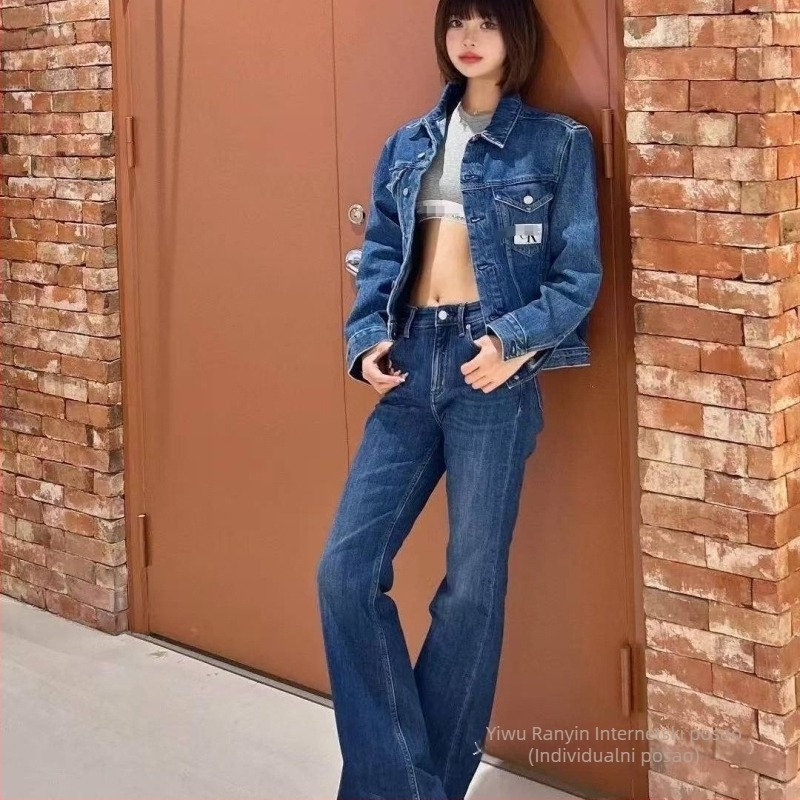 Unisex jakna od denima s kapuljom, isprani denim, patch džepovi, hongkonški stil, za proljeće i jesen