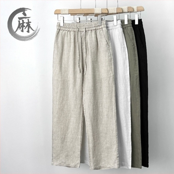 Casual linen pants, kineskog stila ravnih krojeva, srednji pojas, zatvaranje šnurovom (100% lan)